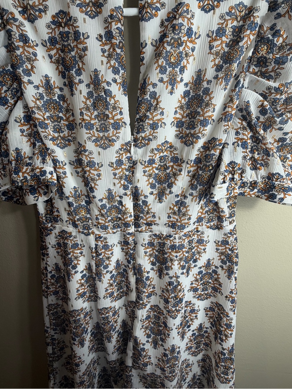 Express Floral Puff Sleeve Mini Dress S Blue Gold Deep V Open Back - Picture 7 of 9